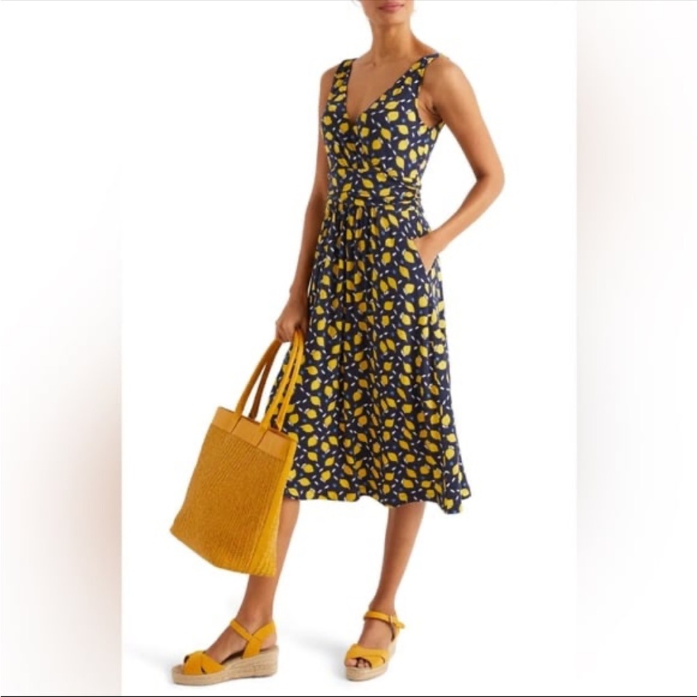 Boden Navy and Yellow Sleeveless V-Neck Printed Midi Dress